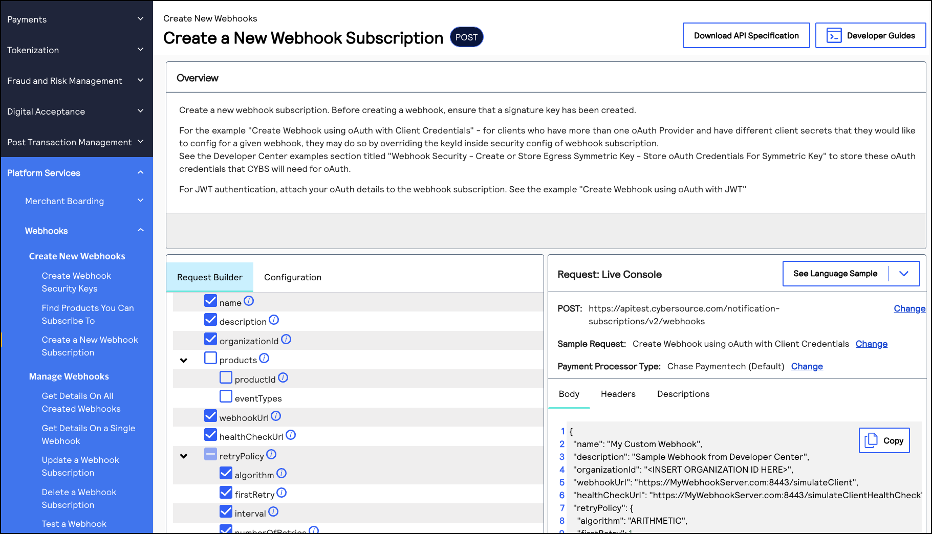 Image and link to the interactive code example for creating a
                                webhook subscription using OAuth with JWT.