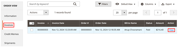 Invoice Grid Showing Invoices Created for a Particular Order