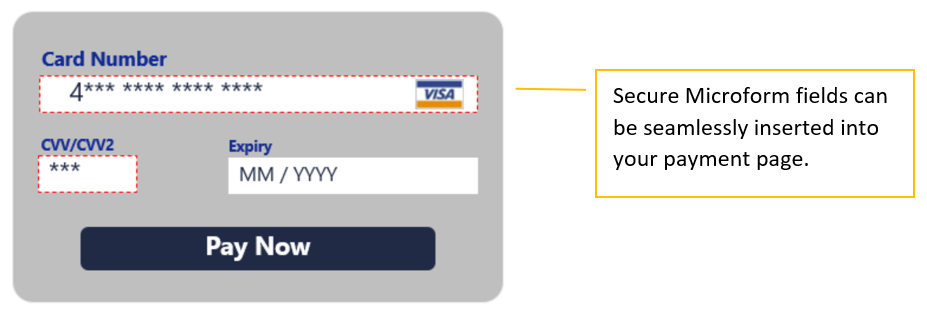 Example of the Microform payment form Interface with callout that states
secure Microform fields can be seamlessly inserted into your payment
page.