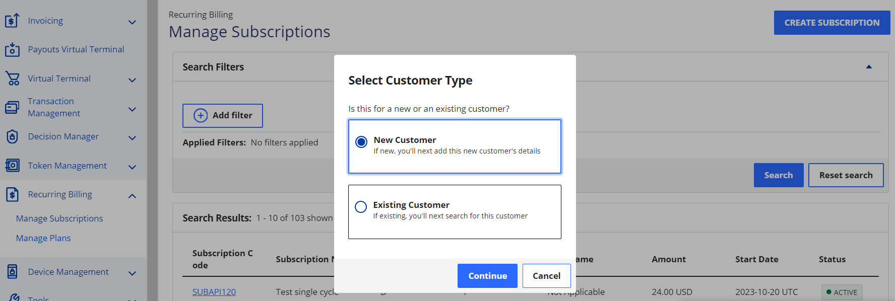 Upgraded Recurring Billing user interface for creating a new subscription
                        or maintaining an existing subscription