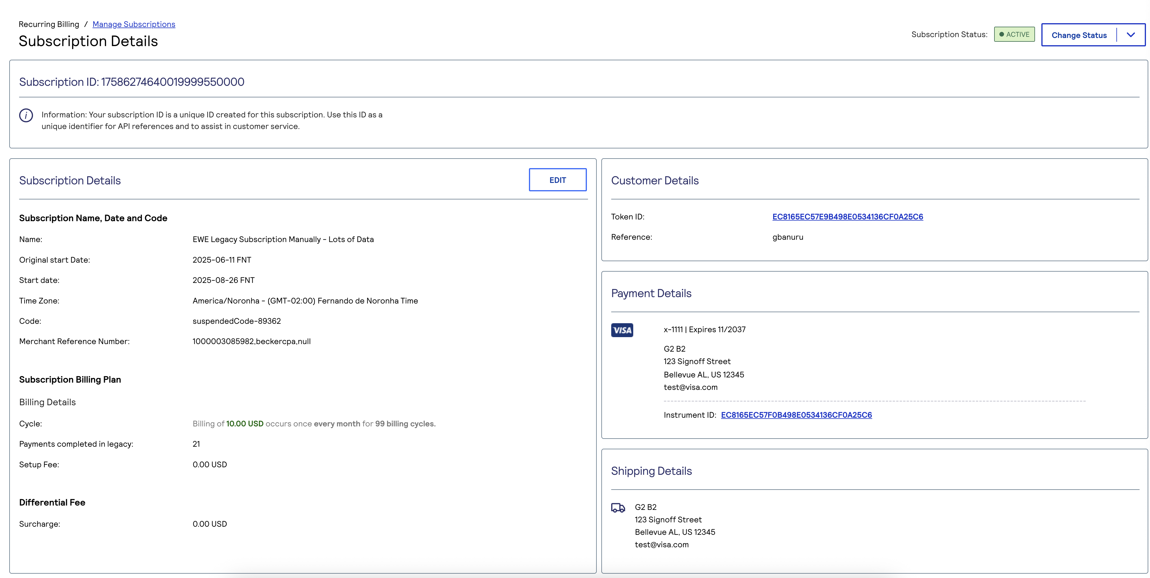 Screen capture example of business center subscription details