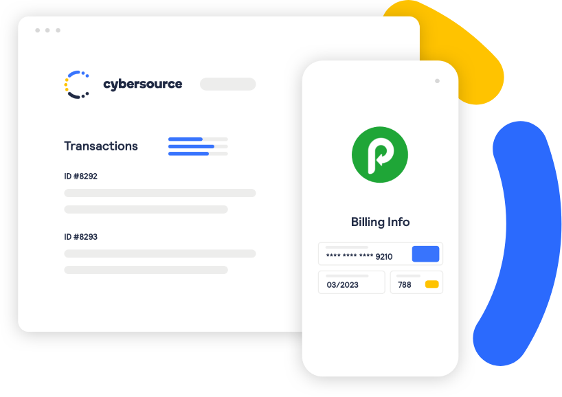 illustration of a transaction screen, billing info screen on a mobile phone, and a decorative arc